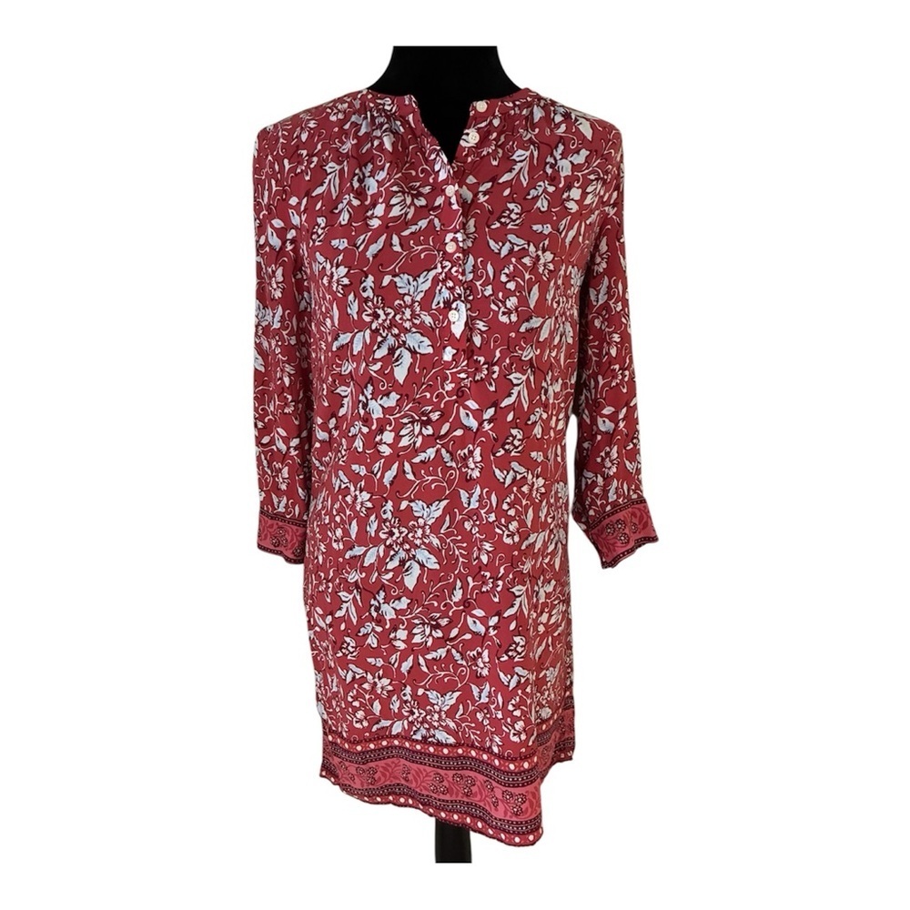Ann Taylor LOFT Dark Coral Floral Boarder Henley Shirt Dress Small Petite PS SP - Picture 2 of 9